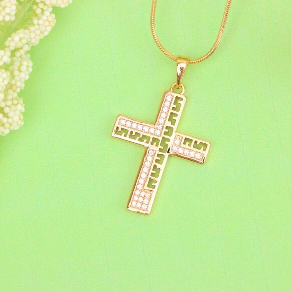 "Rose Gold Cross Pendant with Greek Key Design and Sparkling Stones, XPPT1610 - Picture 4 of 13